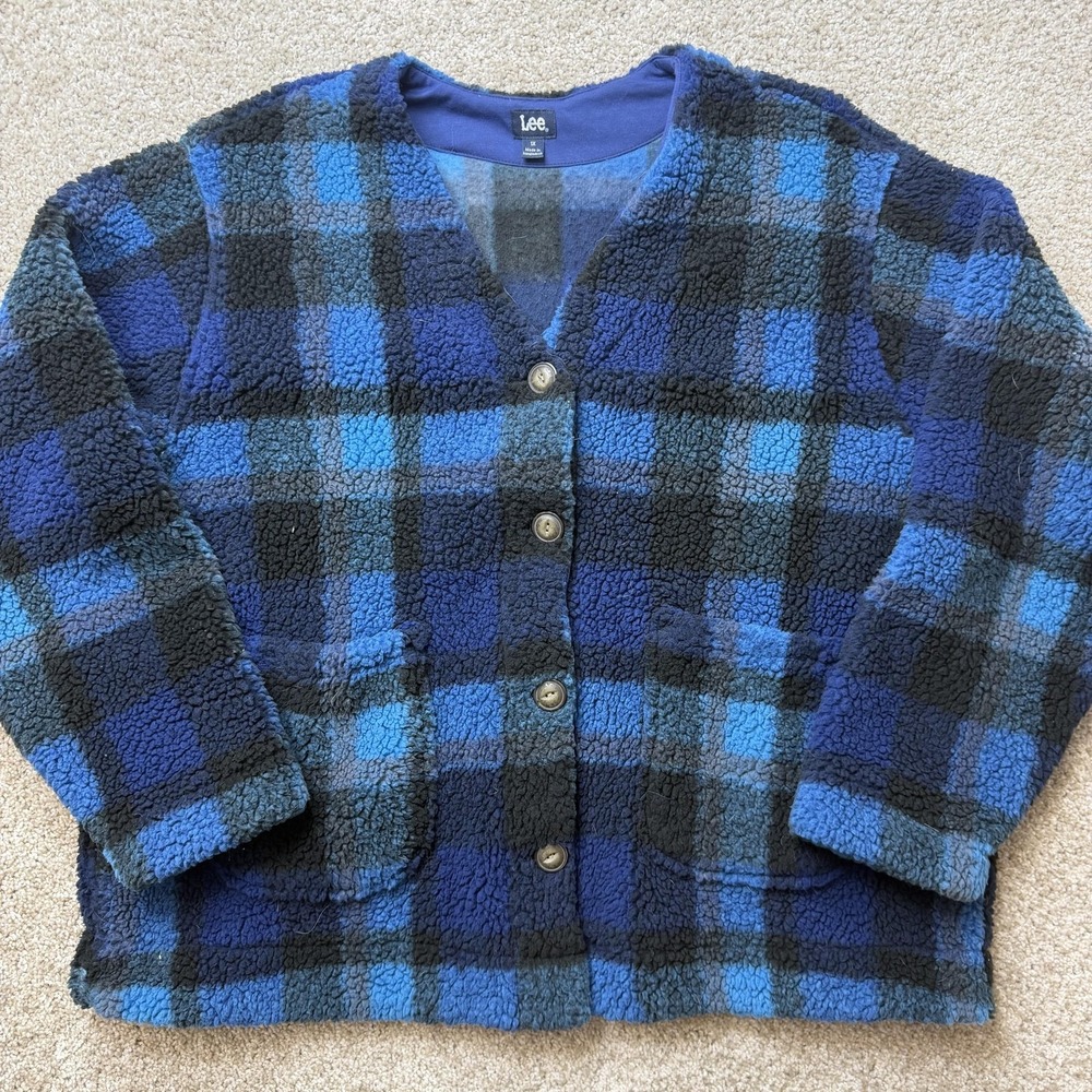 Lee Cardigan Sweater Womens 1X Blue Plaid Sherpa Fleece Button Front Pockets